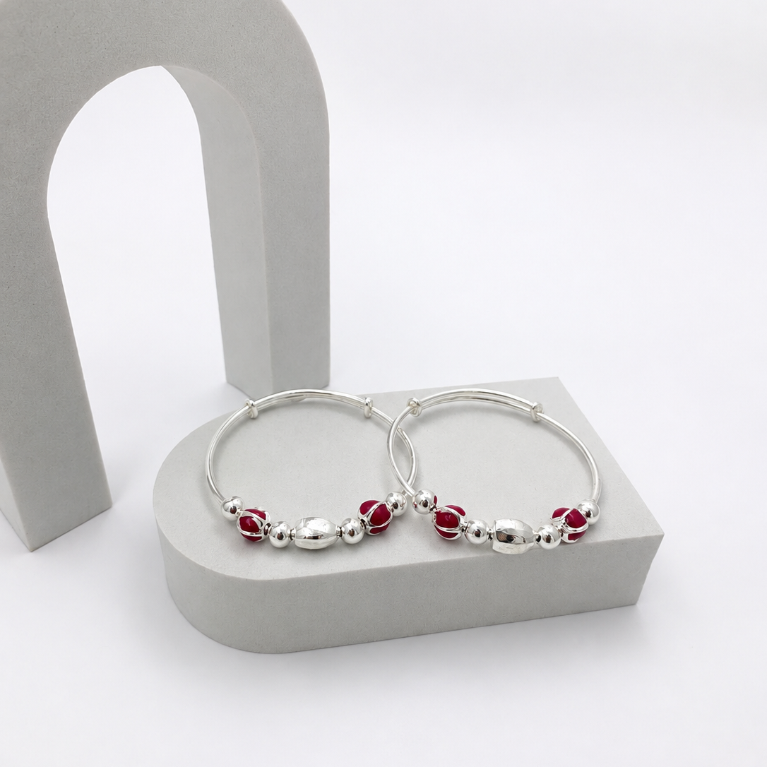 925 Sterling Silver Pink Beads Baby Bangles (Pair)