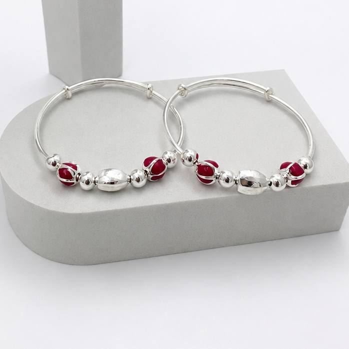 925 Sterling Silver Pink Beads Baby Bangles (Pair)