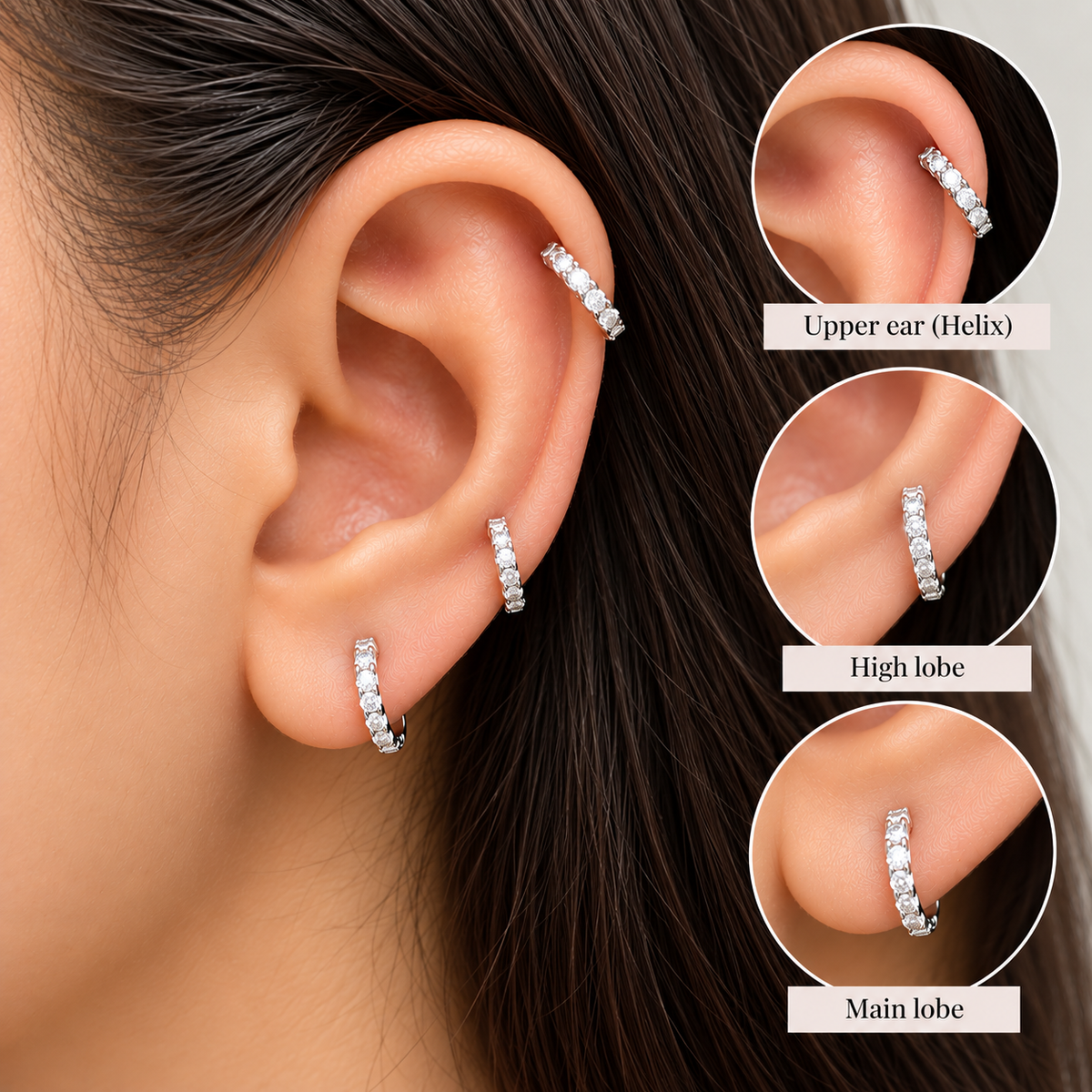 925 sterling silver hoop earrings shown worn on the main lobe, high lobe and upper ear helix.