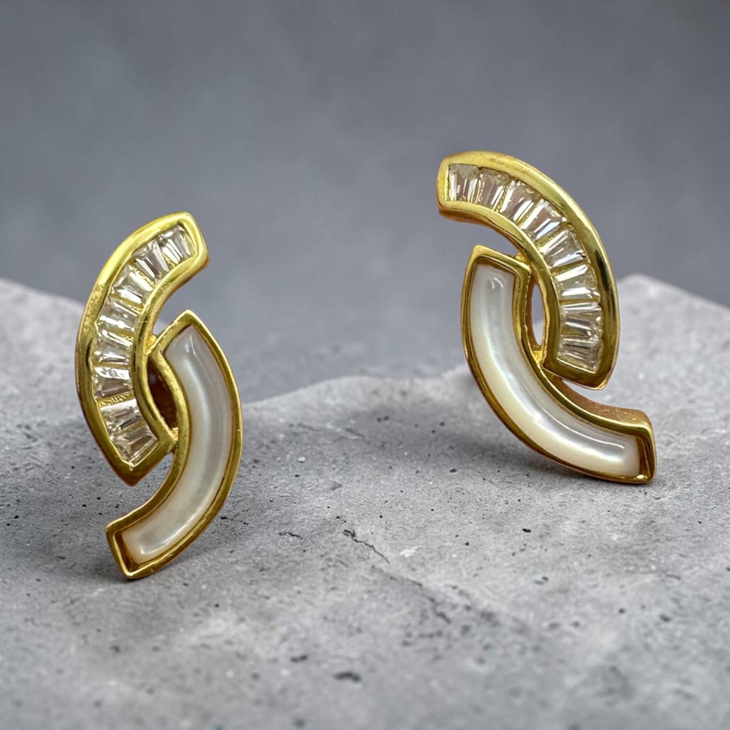 Golden Crescent Pearl Stud Earrings - 925 Sterling Silver