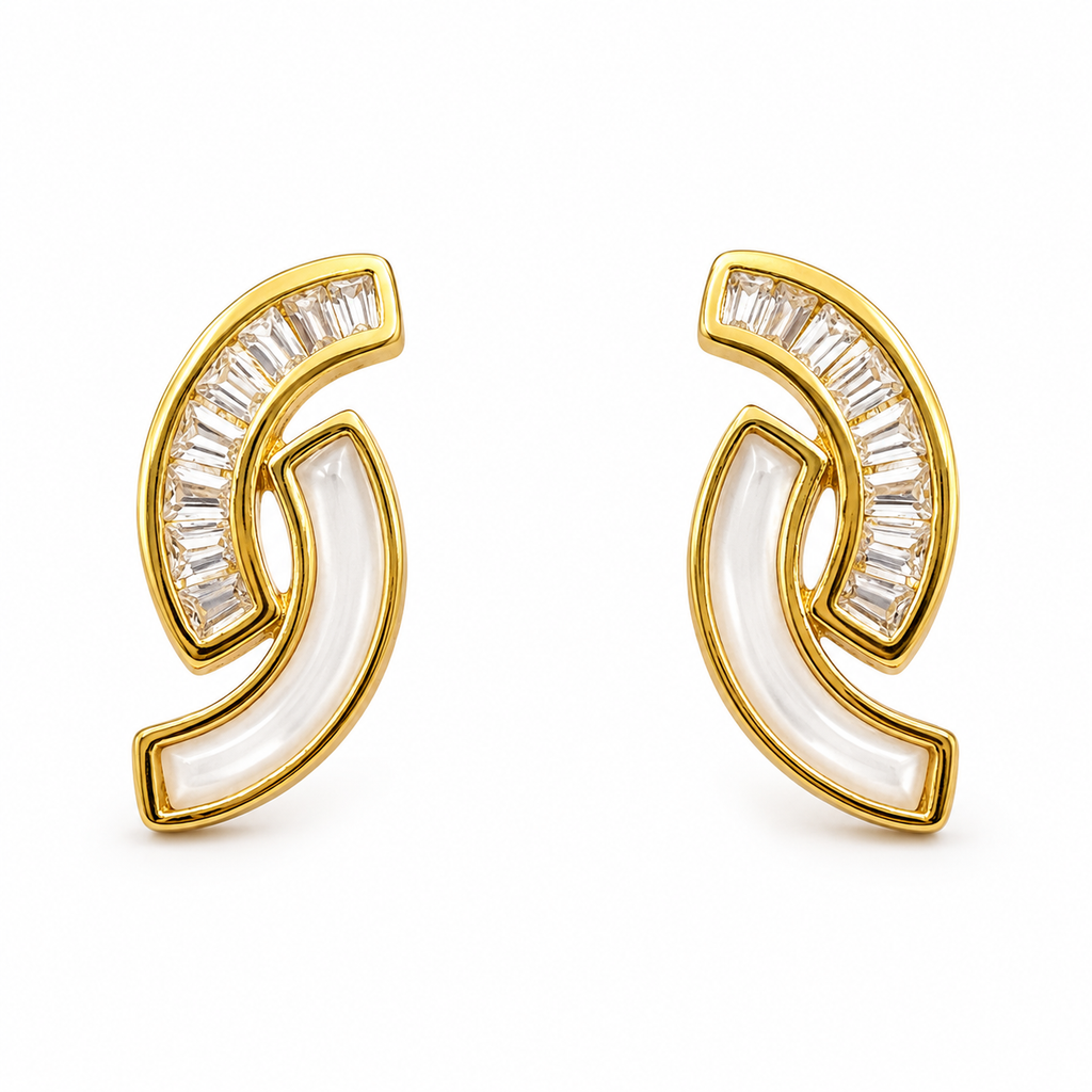 Golden Crescent Pearl Stud Earrings - 925 Sterling Silver