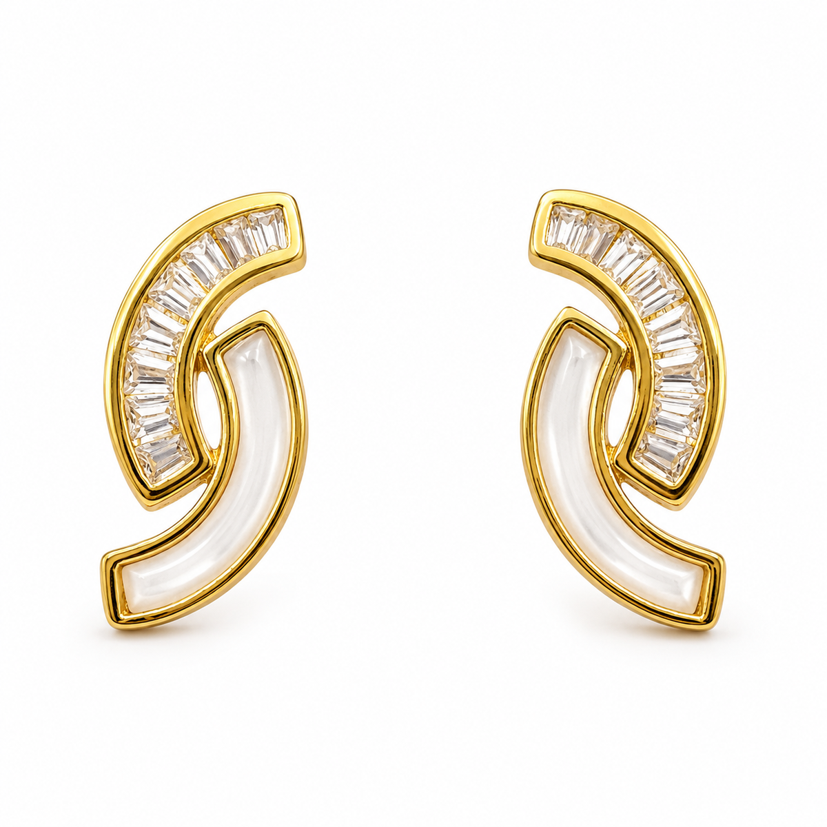 Golden Crescent Pearl Stud Earrings - 925 Sterling Silver
