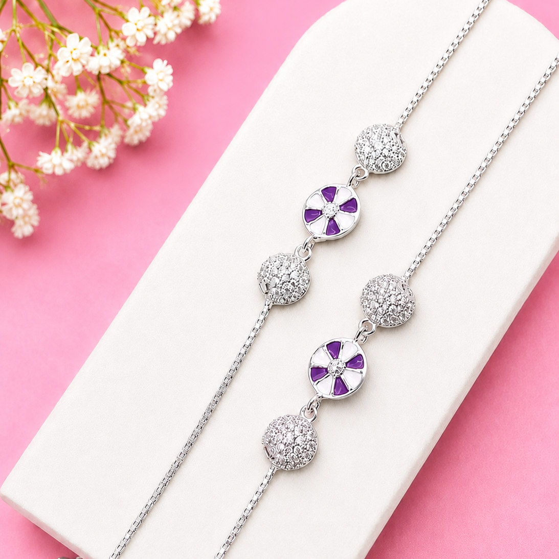 925 Sterling Silver Purple Floral Baby Anklet (Pair)