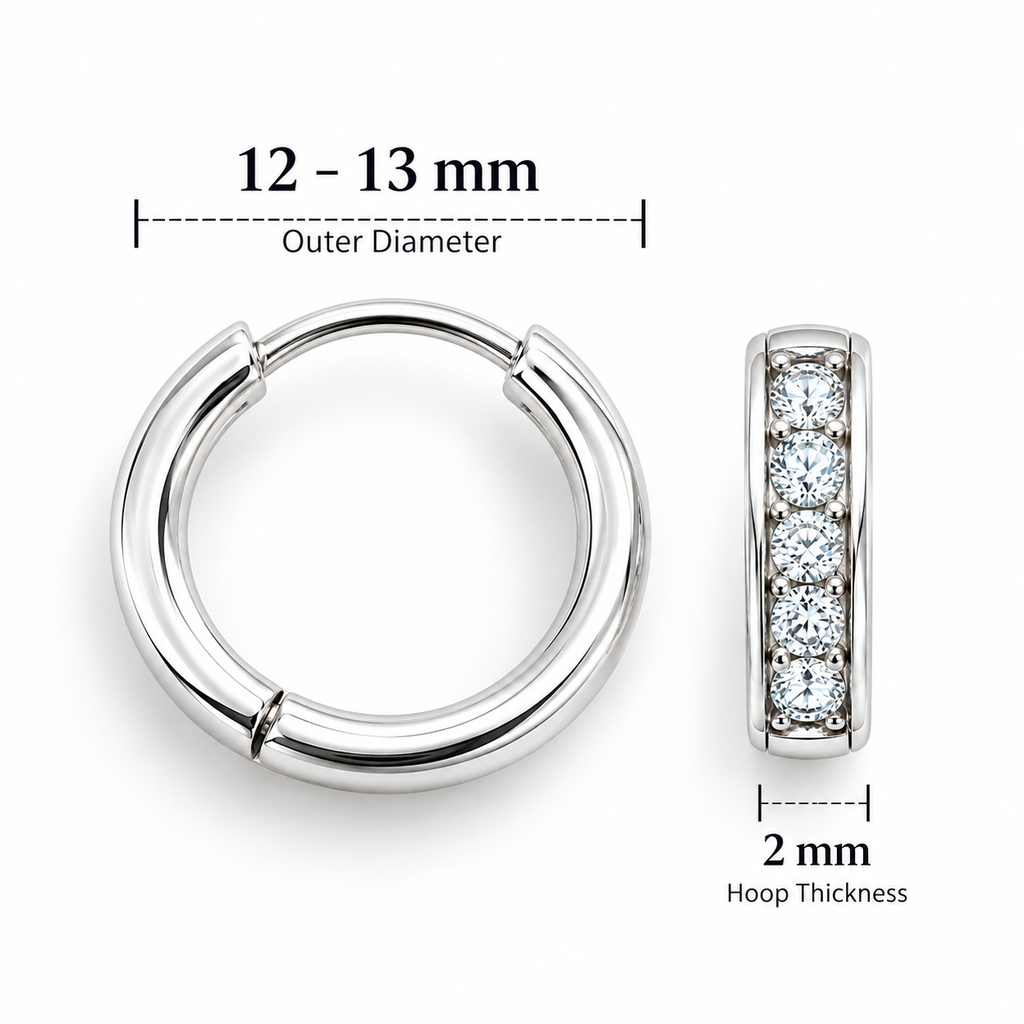 Silver hoop earring shown on a white background with measurement callouts indicating 12-13 mm outer diameter and 2 mm hoop thickness.