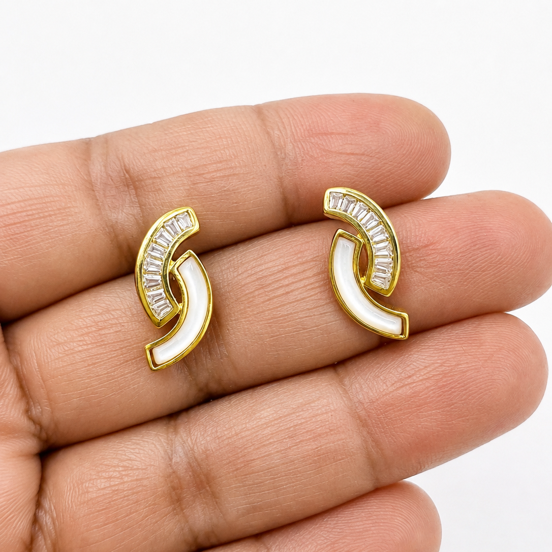 Golden Crescent Pearl Stud Earrings - 925 Sterling Silver