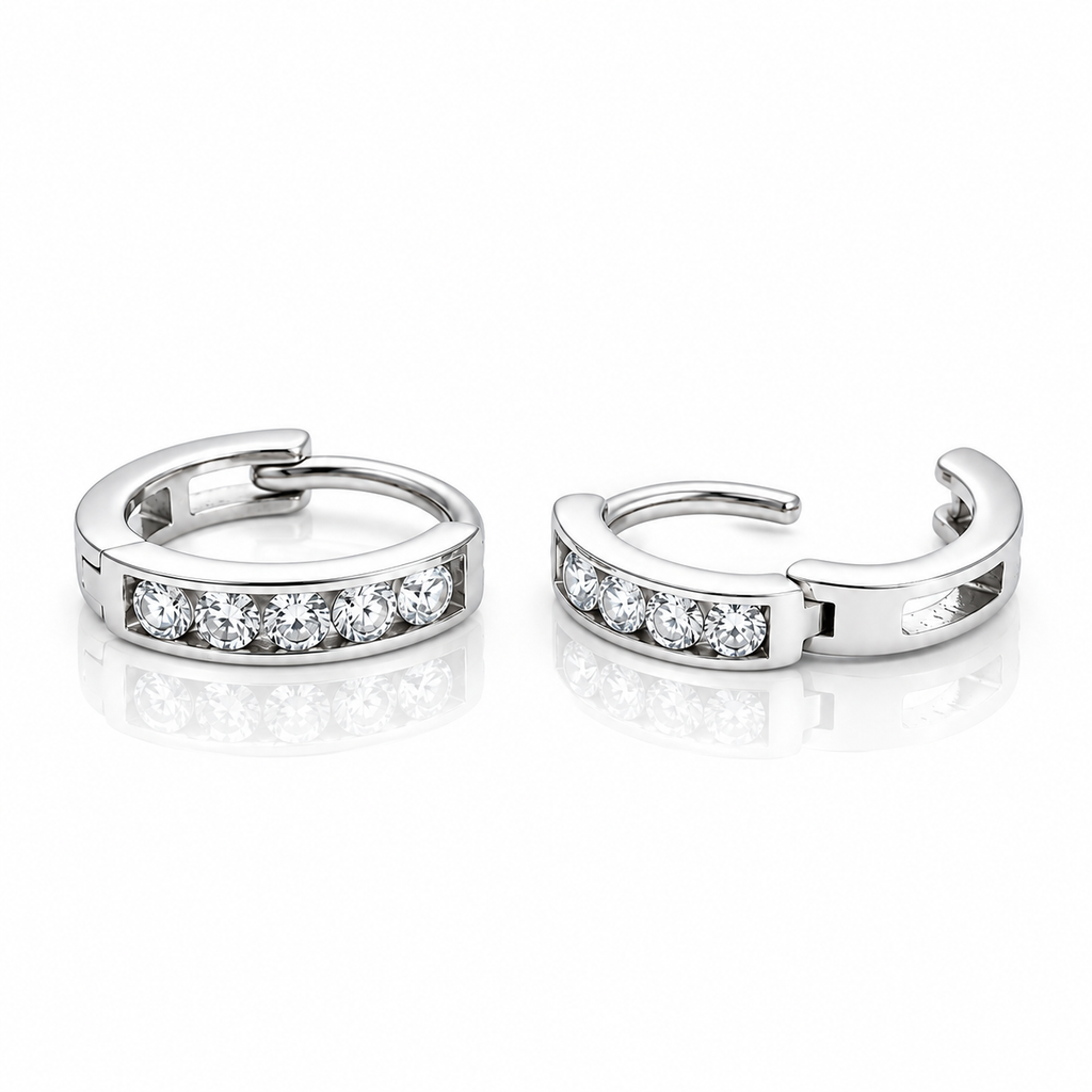 92.5 sterling silver hoop earrings showing sparkling stone detailing and hoop closure.